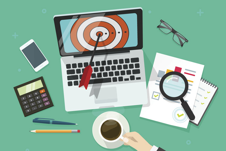 Successful business target vector illustration, manager working on laptop finding aim and analysing financial data, targeting research concept, mission achievement, success goals report