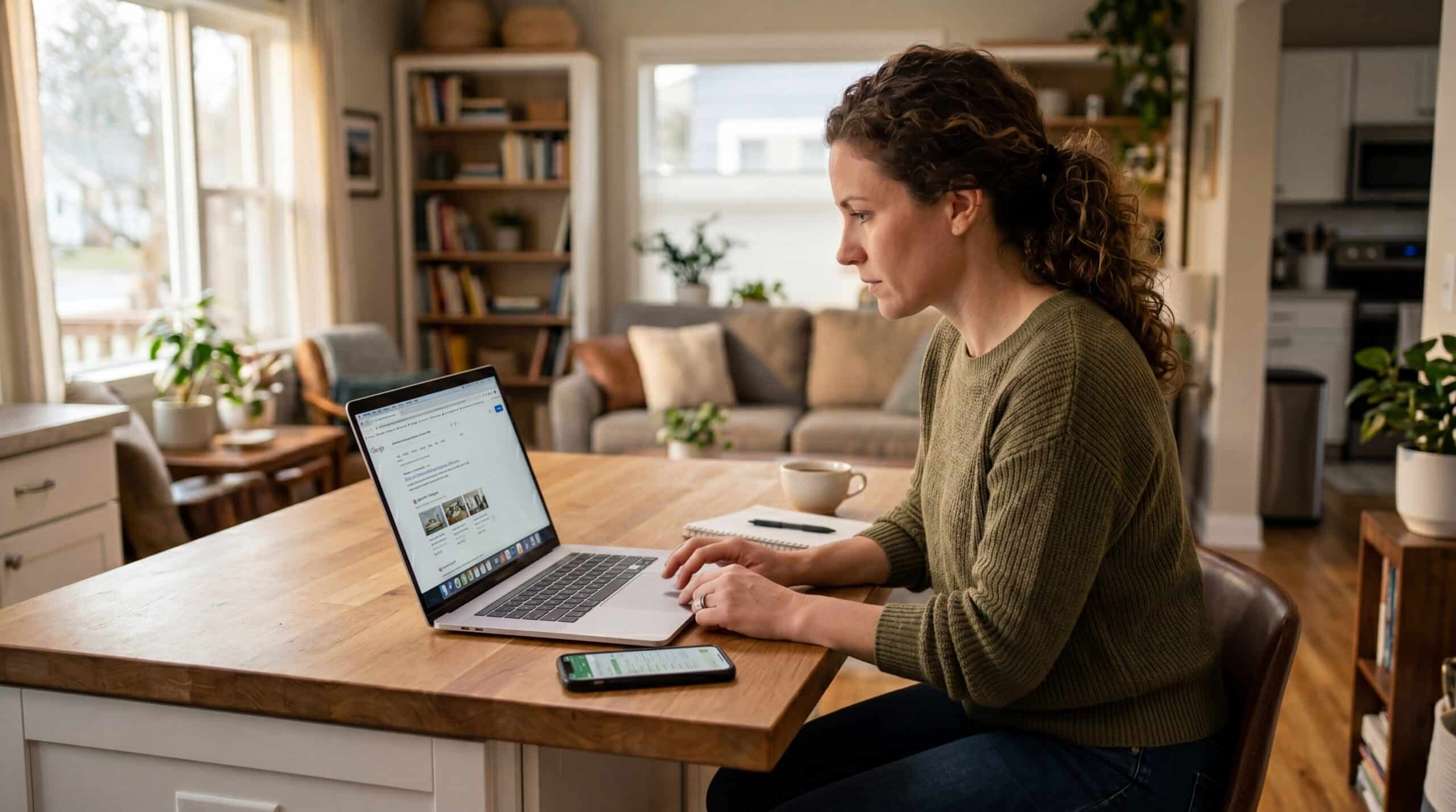 Female homeowner sitting at a table in front of a laptop and smartphone researching remodeling and home improvement companies online.