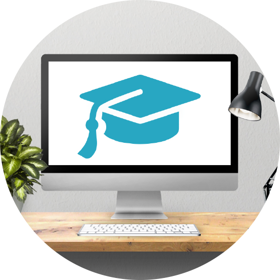 Desktop Computer with graduation cap icon enlarged on screen
