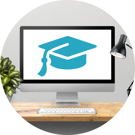 Desktop Computer with graduation cap icon enlarged on screen