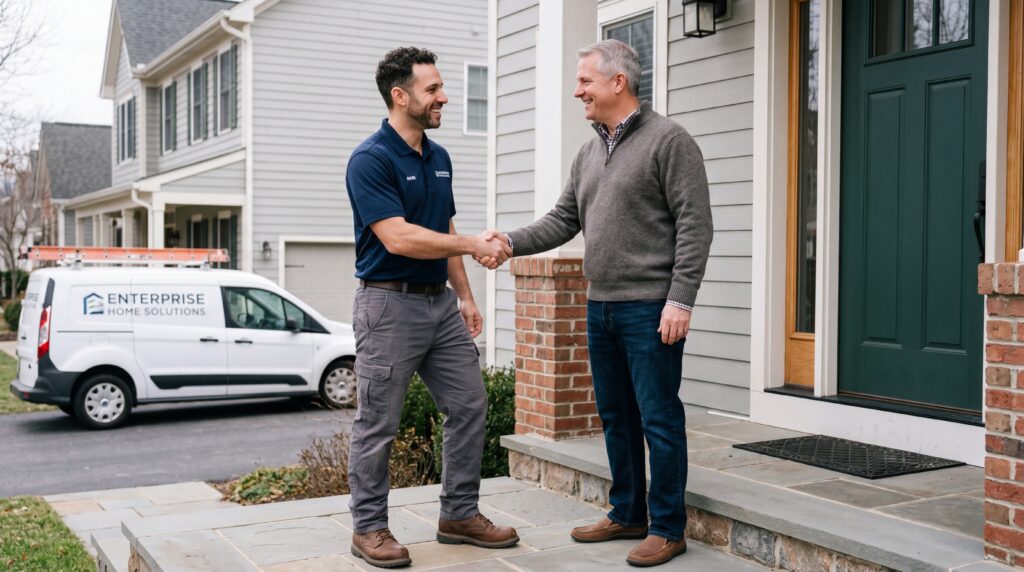 Homeowner and remodeler/contractor standing outside of a home shaking hands.