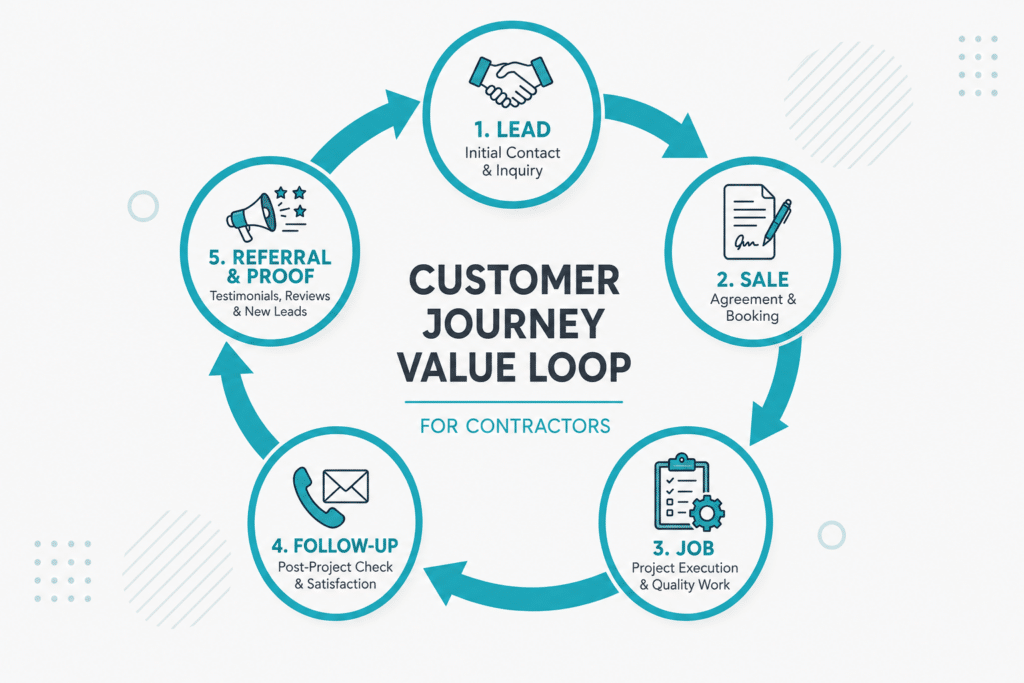 Customer Journey Value Loop for Contractors. 1. Lead. 2. Sale. 3. Job. 4. Follow-Up. 5. Referral & Proof.