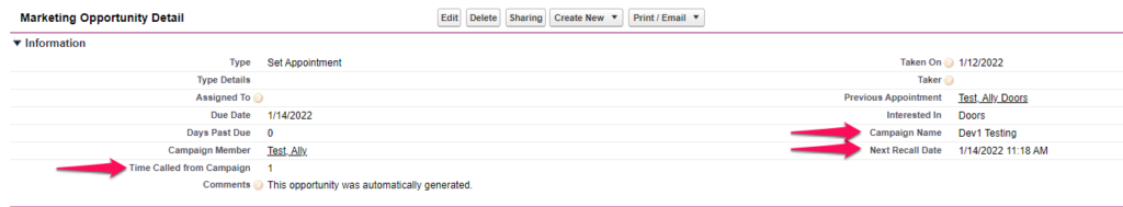 A screenshot of the new fields added to Marketing Opportunity Objects
