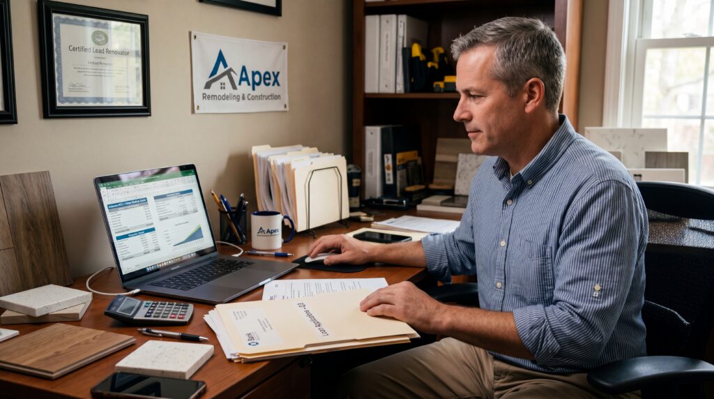 A male remodeling business owner sits at his desk in front of a stack of files and his laptop.