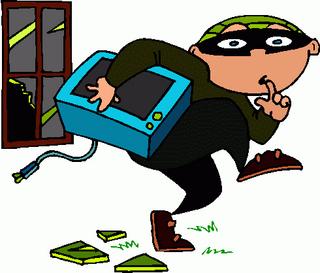 Cartoon Thief with Mask Stealing Computer